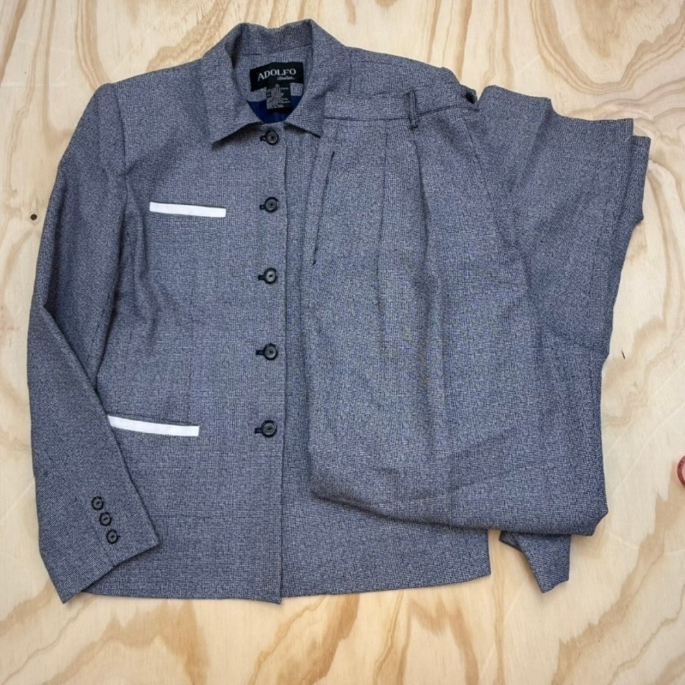 Adolfo Atelier Vintage Blue Micro Check Pant Suit Set Size 12 Jacket Trousers